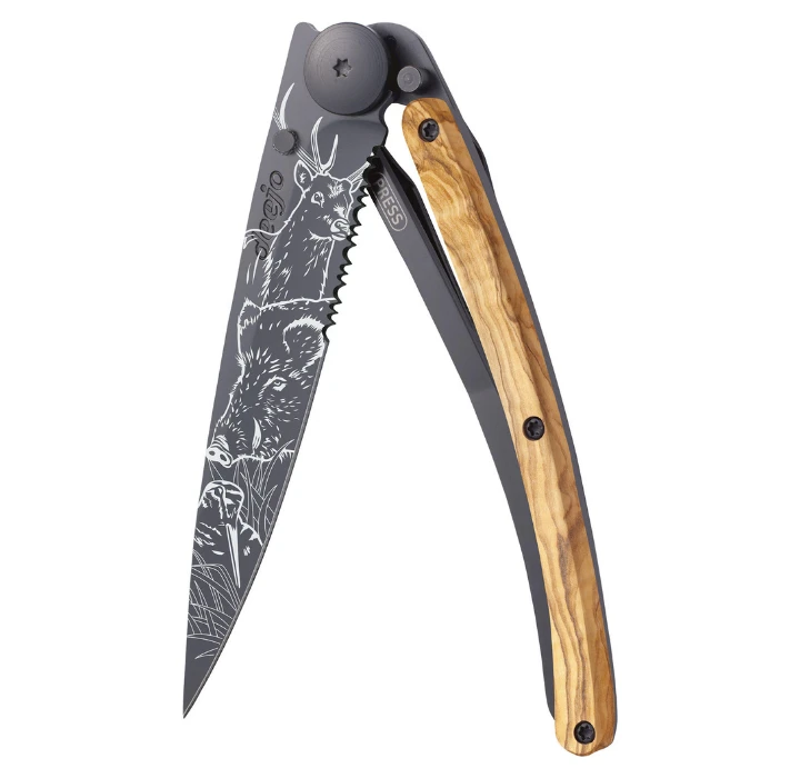 Deejo Serrated 37g Black Olive Wood 'Hunting Scene' 3 Deejo Serrated 37g Black Olive Wood 'Hunting Scene'